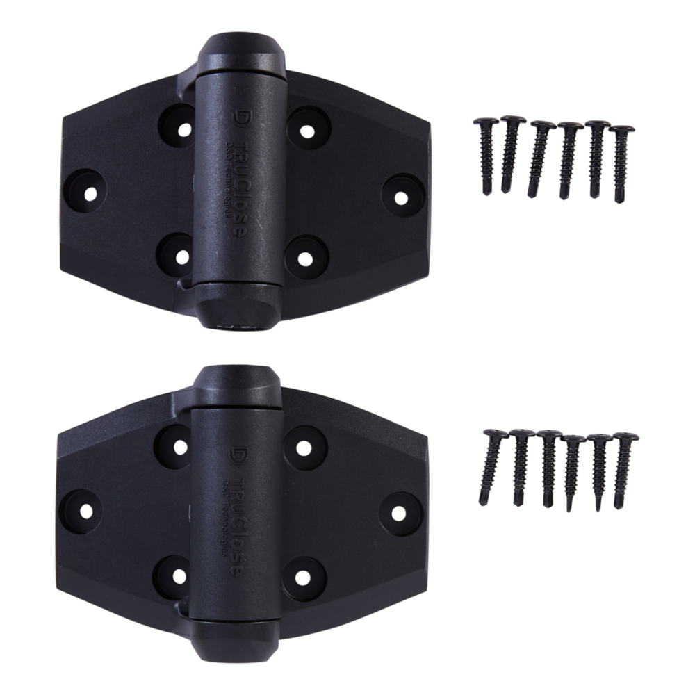 Black wide spring hinges with corrosion-resistant polymers and stainless steel screws for gate hardware under $100 collections