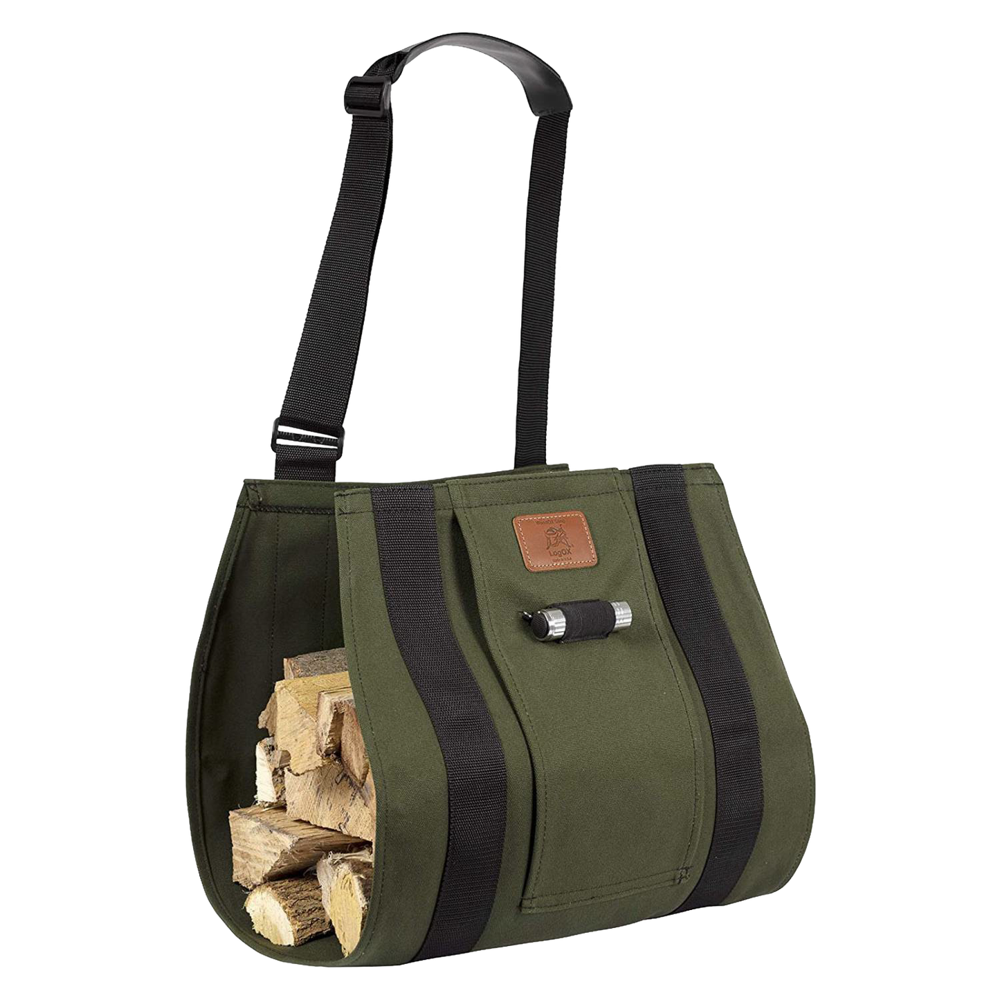 Green canvas firewood carrier sling with black straps and adjustable shoulder strap for timber handling tools collections