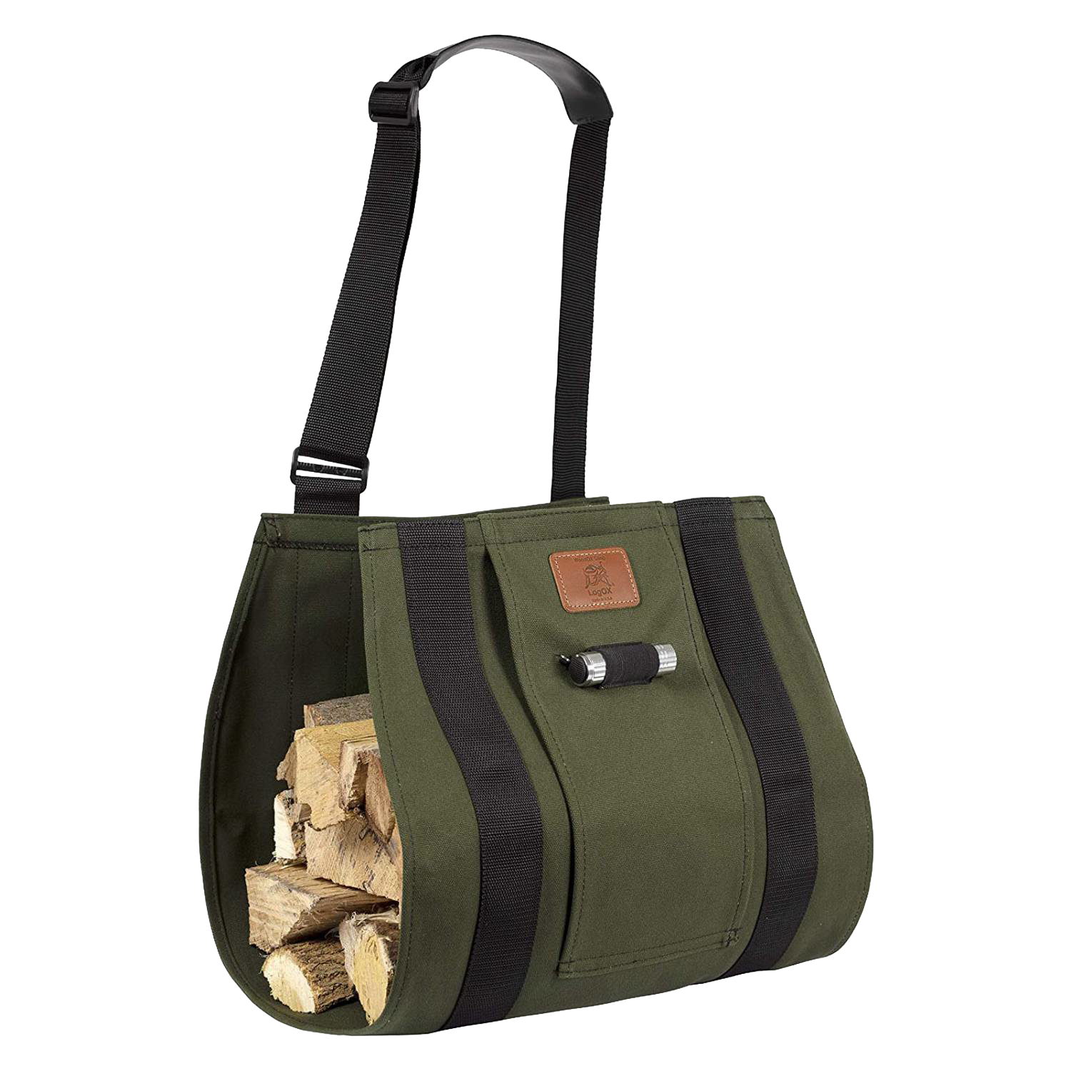 Green canvas firewood carrier sling with black straps and adjustable shoulder strap for timber handling tools collections