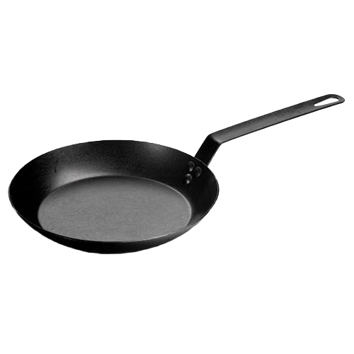 Black 12 gauge seasoned steel skillet with long handle for versatile cooking in Kitchenware and Lodge Cast Iron collections under $50