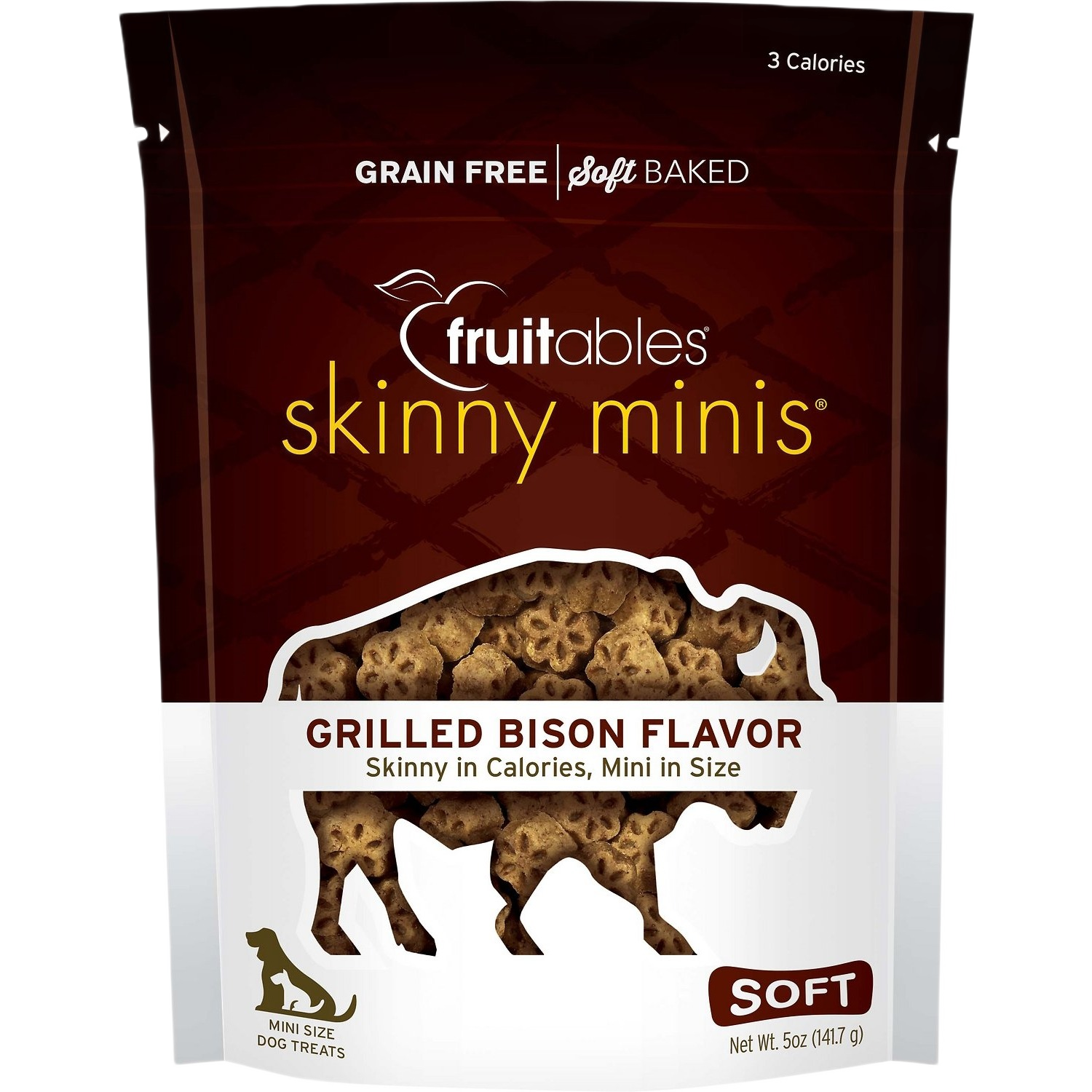 Package of grain-free, soft baked grilled bison dog treats, mini size, low-calorie option in pet supplies and treats collections