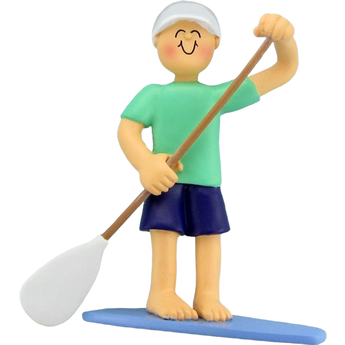 Personalized male figurine in green shirt and navy shorts holding paddle on blue paddleboard from Christmas Ornaments collection
