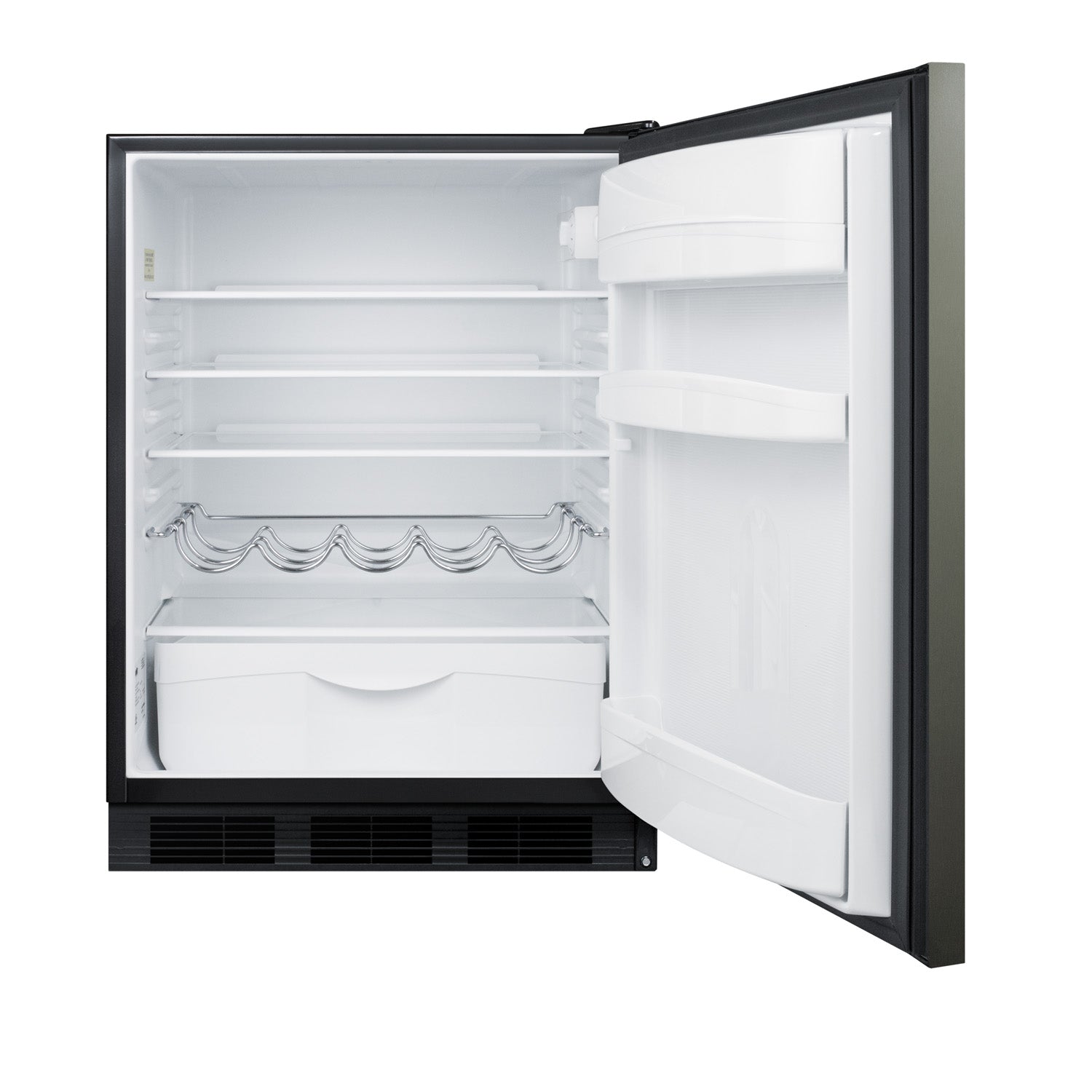 Open 24-inch built-in undercounter refrigerator with black exterior, adjustable shelves, and door storage in appliances collection