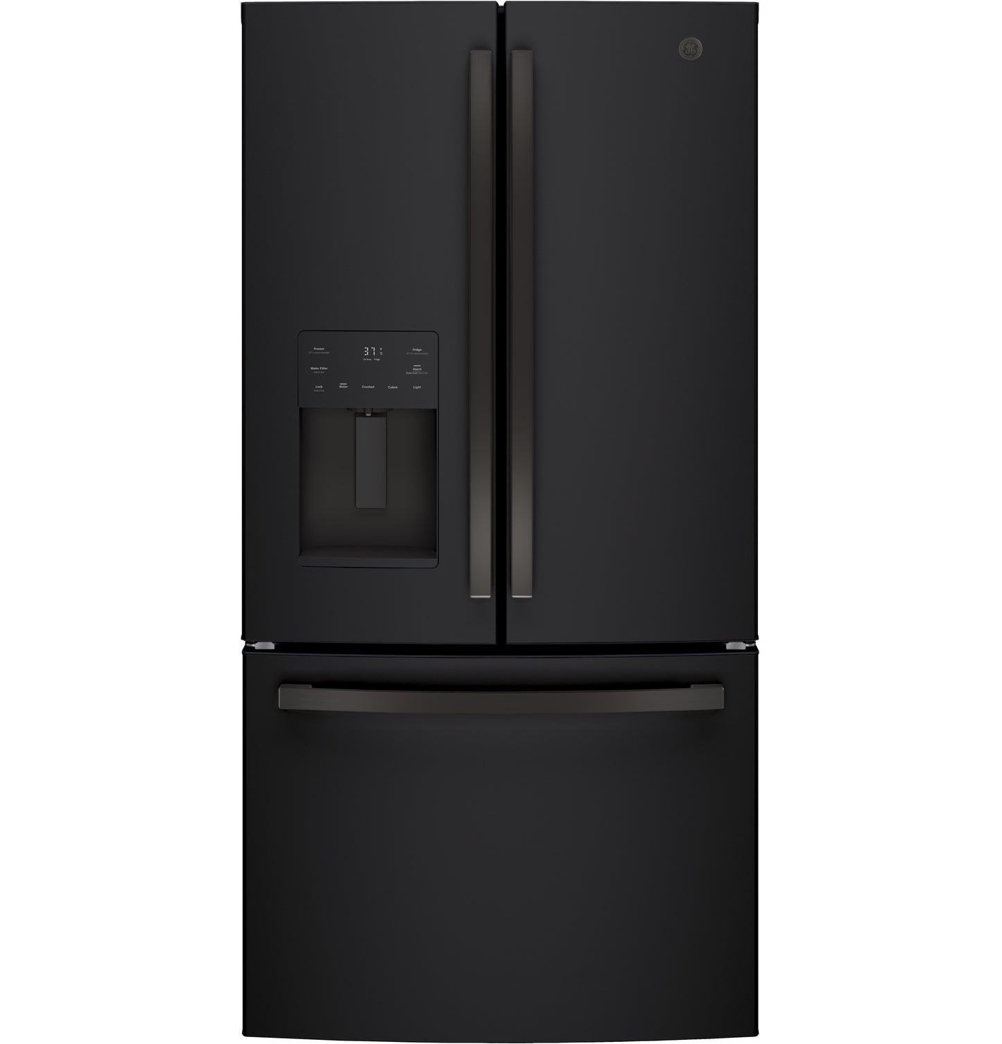 Matte black French door refrigerator with bottom freezer drawer and built-in water dispenser from Appliances collection