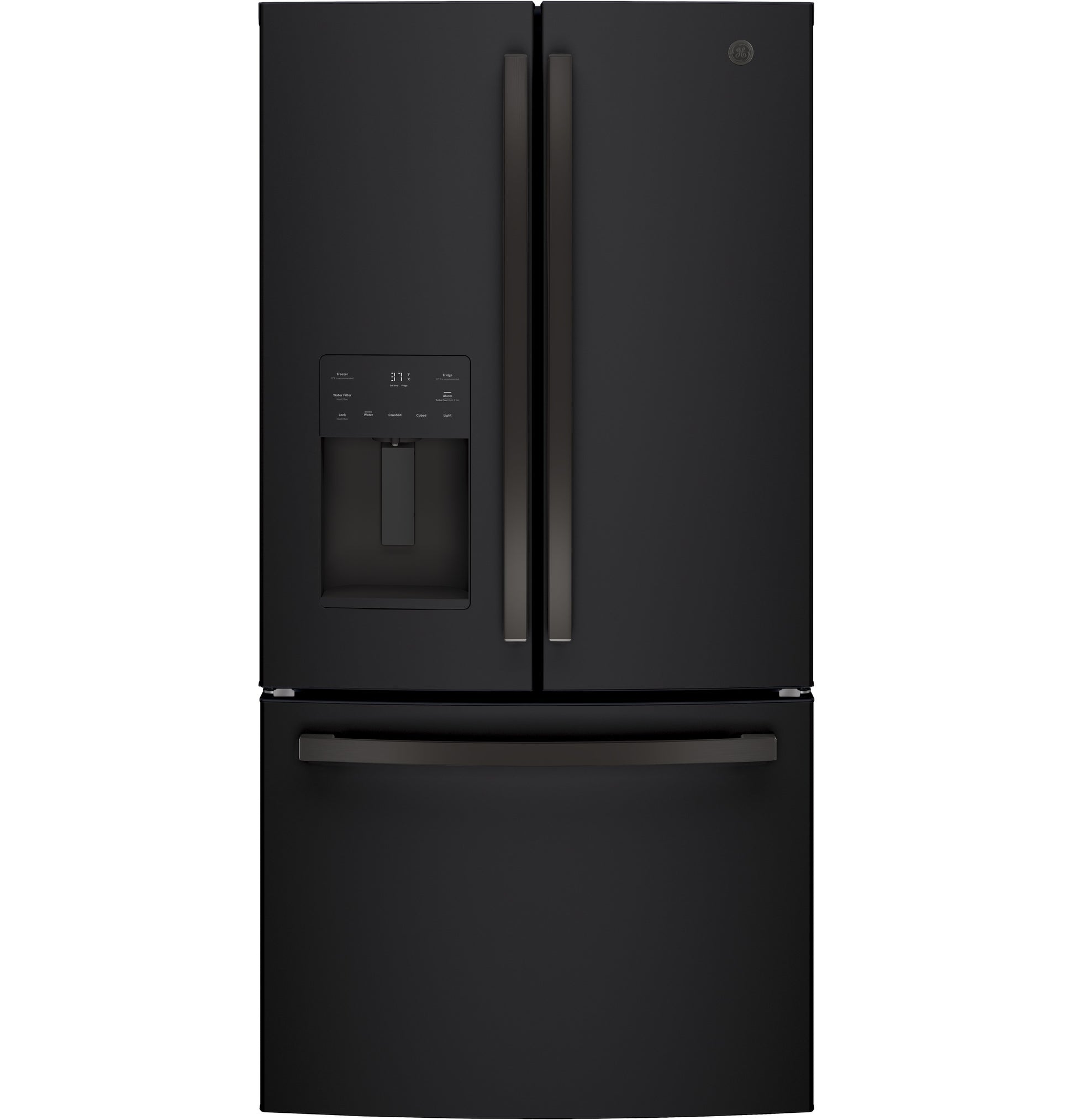 Matte black French door refrigerator with bottom freezer drawer and built-in water dispenser from Appliances collection