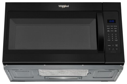 Black Whirlpool over-the-range microwave with sensor cooking technology and digital control panel for kitchen appliances