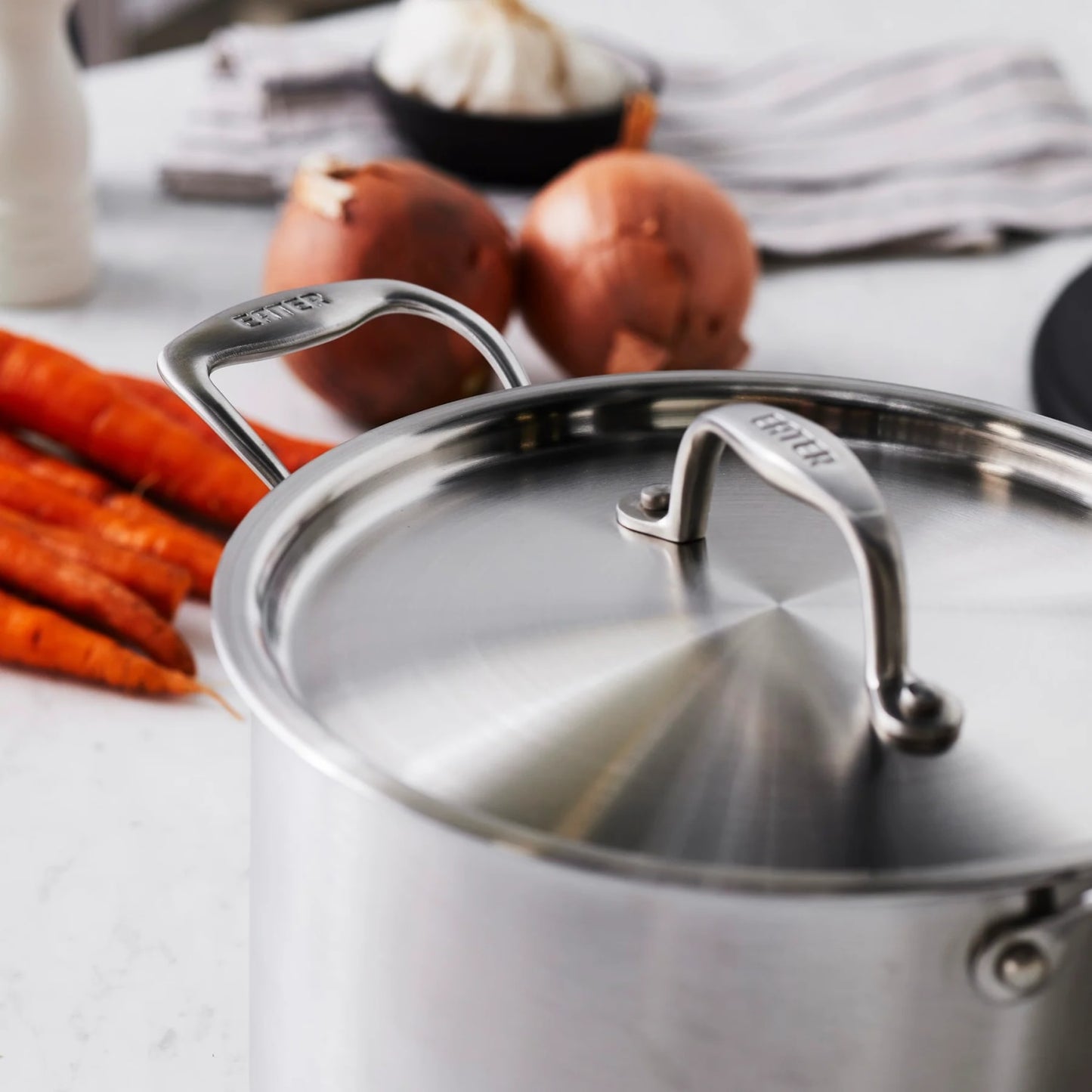 Stainless steel 5-quart fully clad sauce pot with lid, shown with fresh onions and carrots in kitchenware setting