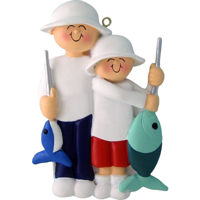 Smiling boys in white hats holding colorful fish for personalized Christmas tree ornament under $50