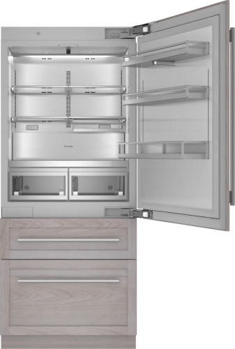 Built-in bottom freezer refrigerator with panel-ready wood drawers and adjustable glass shelving in kitchen appliances collection