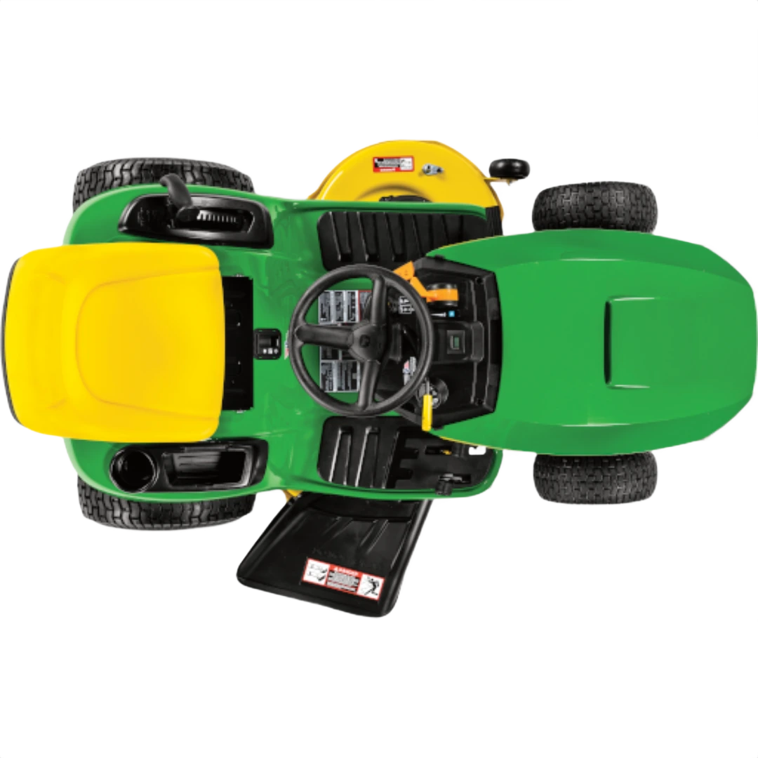 Top-down view of green tractor with yellow seat and four large tires designed for home lawn care tasks