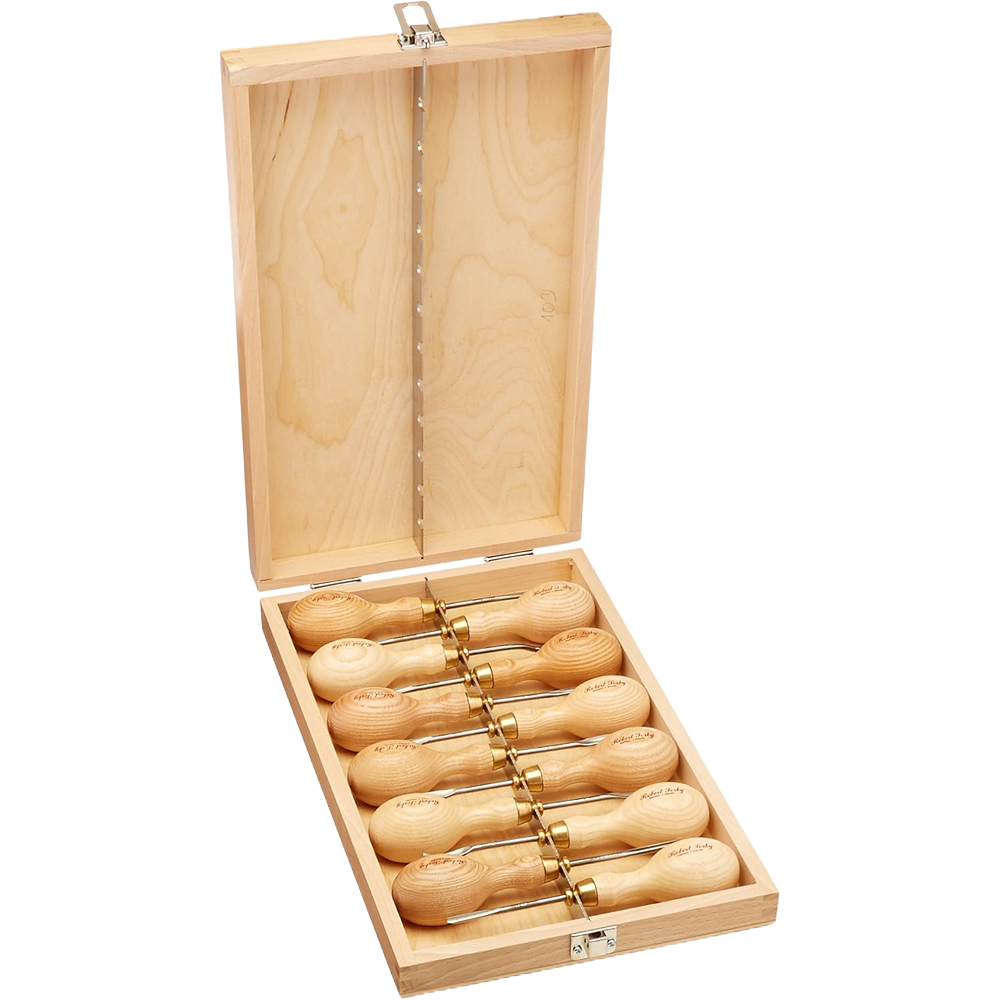 Set of twelve fine woodworking tools with polished wooden handles in an open wooden storage box for detailed carving tasks