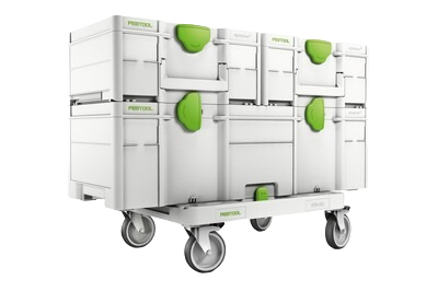Set of white and green modular Festool storage boxes stacked on wheeled cart for tool storage and workshop organization