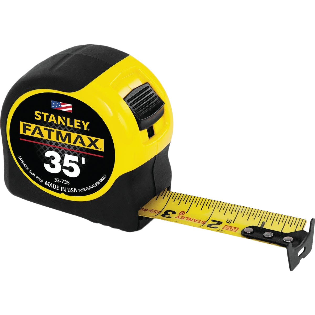 Yellow and black Stanley FatMax tape measure with 35-foot blade extended for measuring in woodworking tools collection