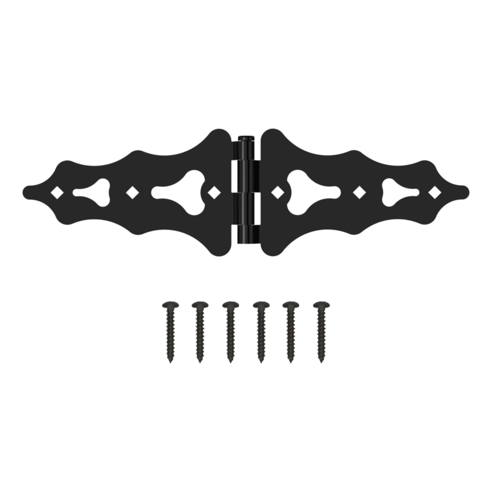 Pair of black ornamental S-hinges with decorative cutouts and mounting screws for gate hardware and home improvement under $50 tools