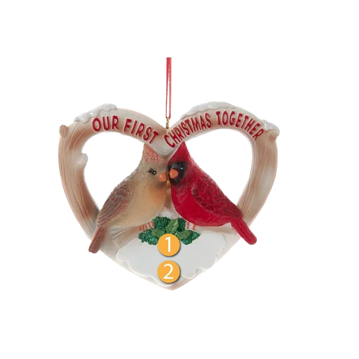 Heart-shaped Christmas ornament with two cardinals and "Our First Christmas Together" text for holiday decor collections