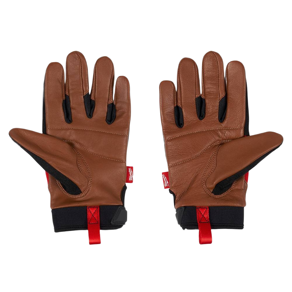 Pair of large brown leather work gloves with black fabric accents for durability in hardware and safety equipment collections