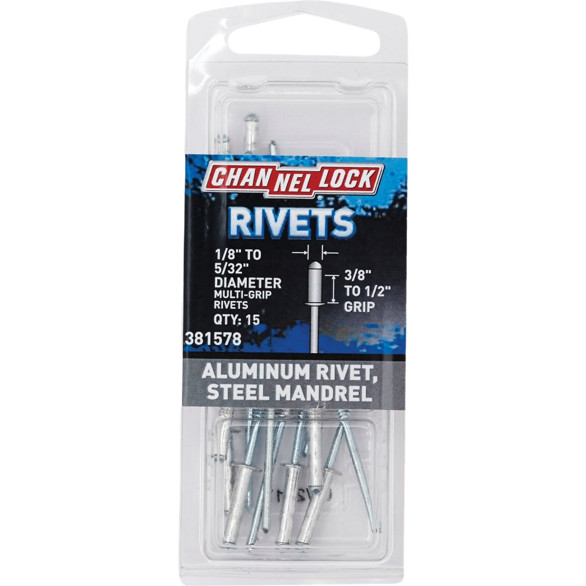 Pack of aluminum pop rivets with steel mandrels for home improvement and tool repair projects