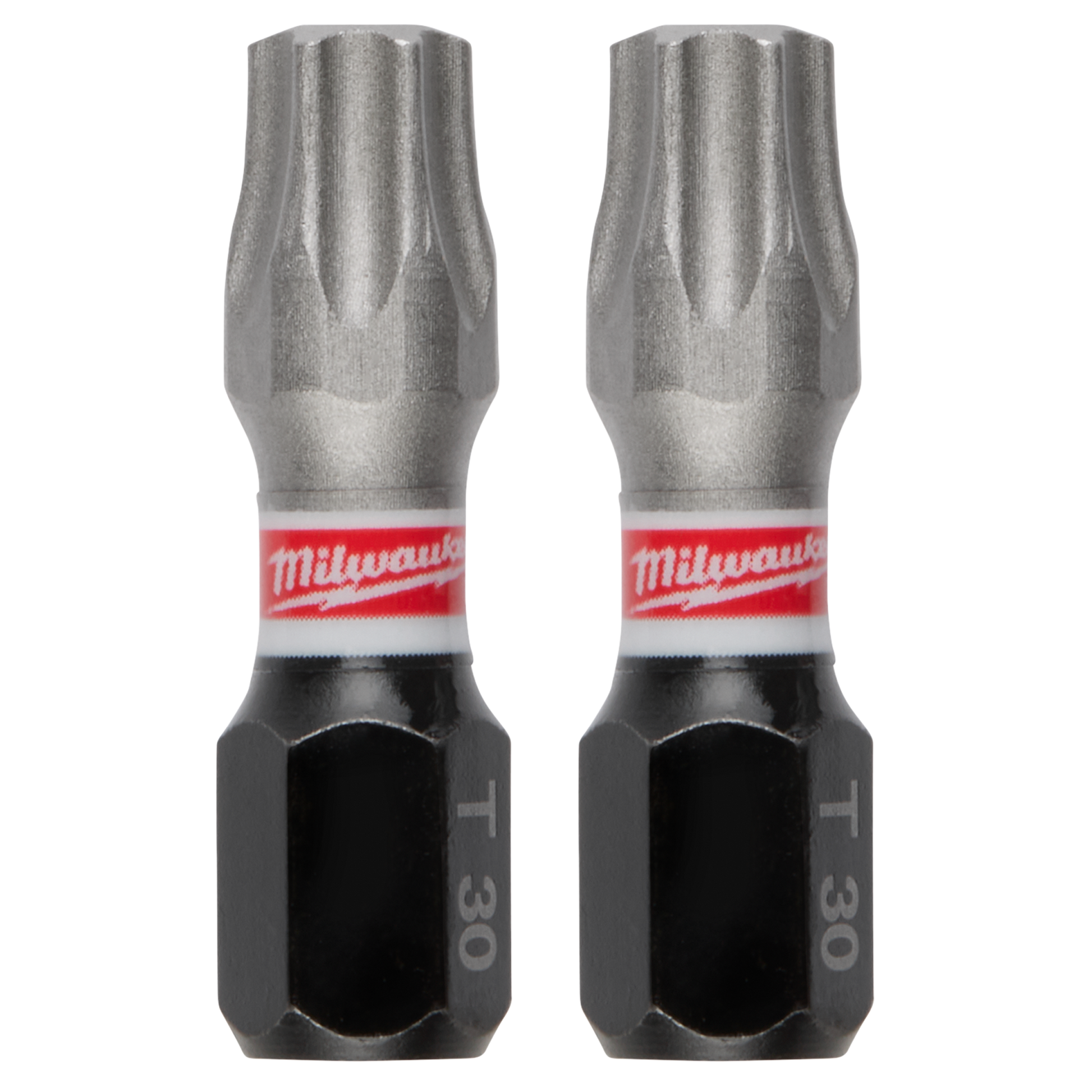 Two Milwaukee SHOCKWAVE™ Impact Duty TORX T30 1-inch insert bits for power tool accessories and home improvement
