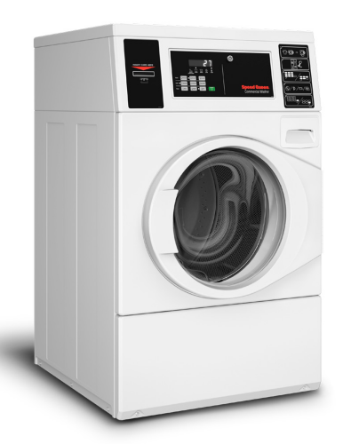 White front load commercial washer with digital control panel and circular glass door from washers and appliances collection