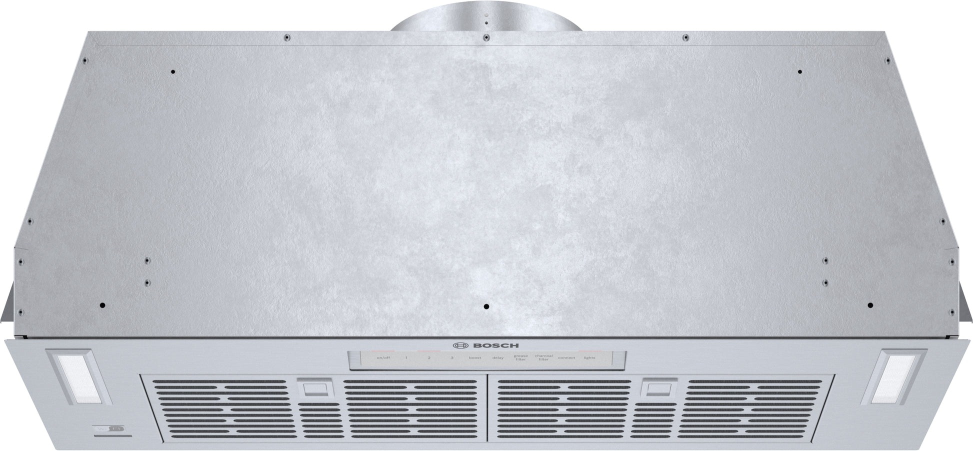Stainless steel custom insert ventilation hood with dishwasher-safe mesh filters from Bosch range hoods collection