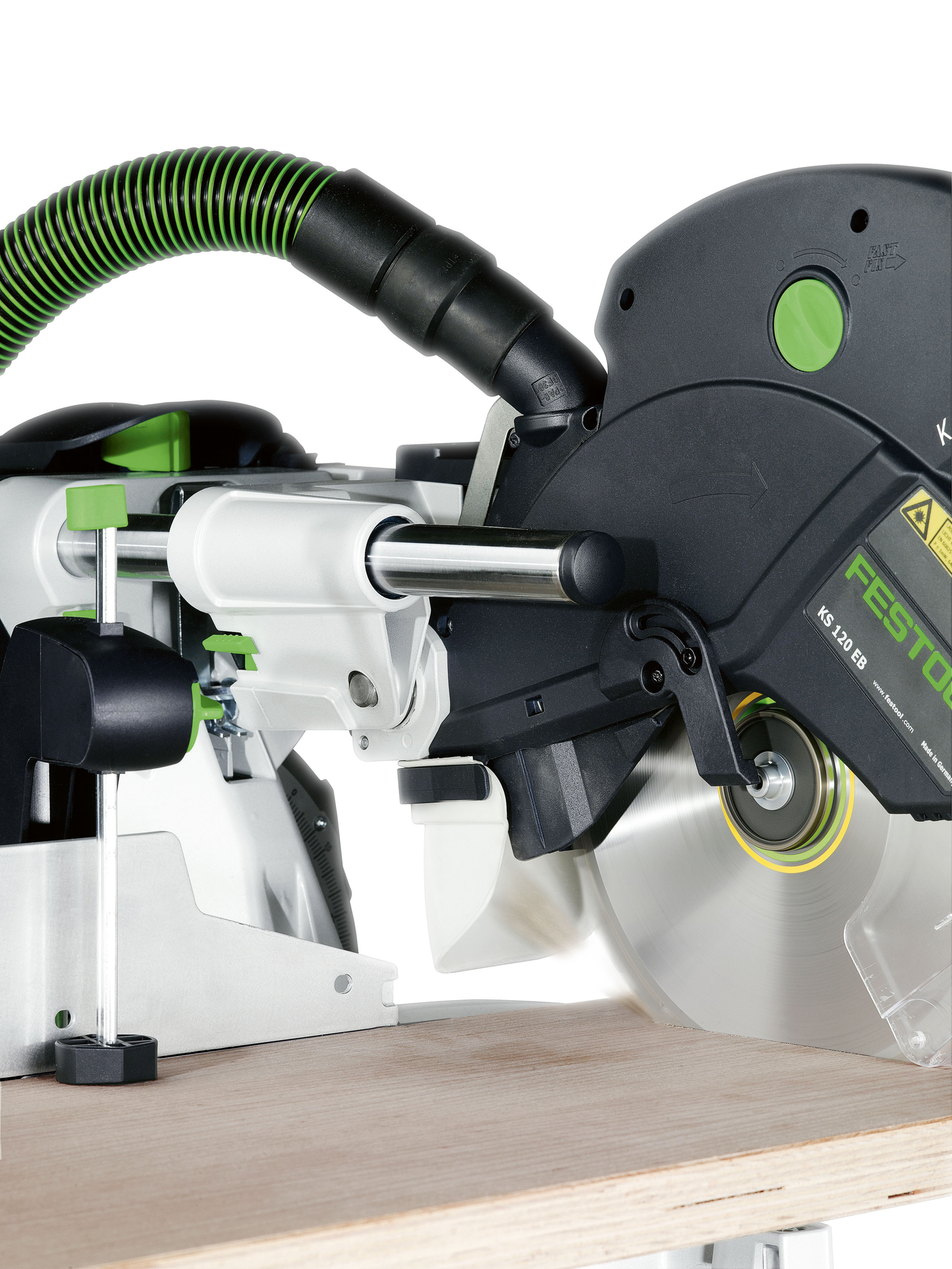 Close-up of Festool sliding compound miter saw blade and dust extraction hose in power tools and Festool Saws collection