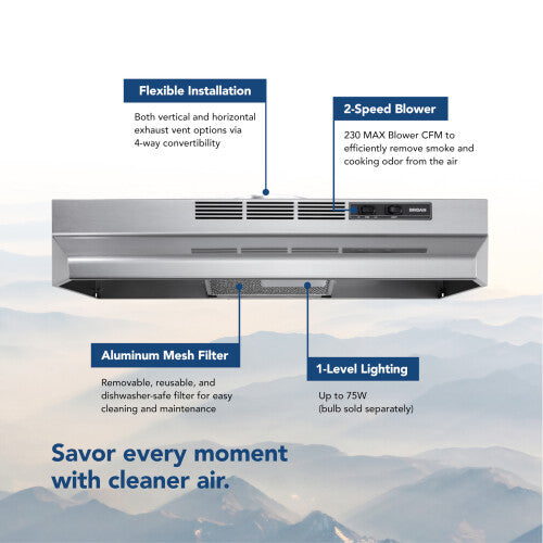 Under cabinet stainless steel convertible range hood with 2-speed blower and aluminum mesh filter from Range Hoods collection
