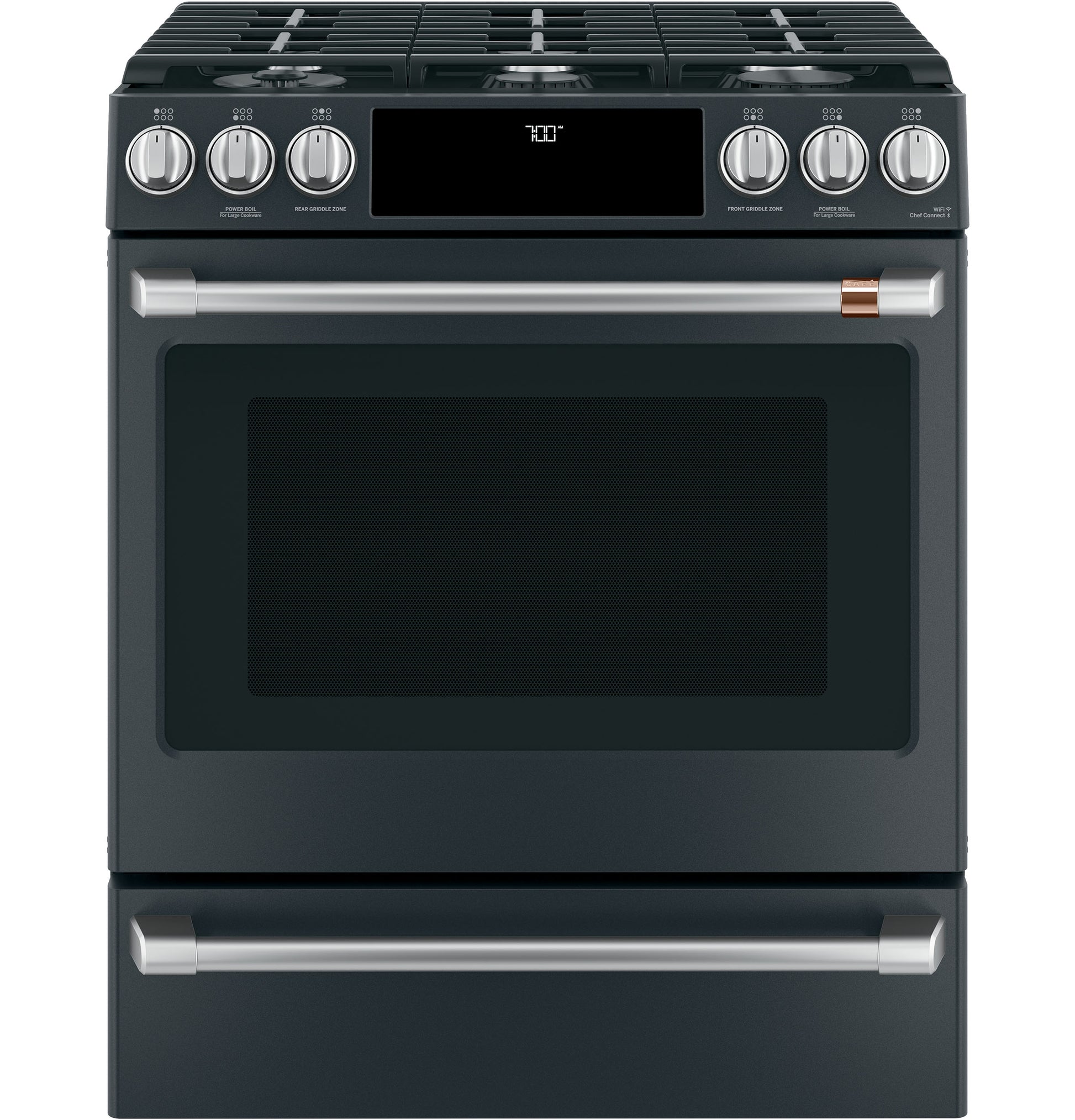front view of black smart slide-in gas range with convection oven and digital display for kitchen appliances and home improvement
