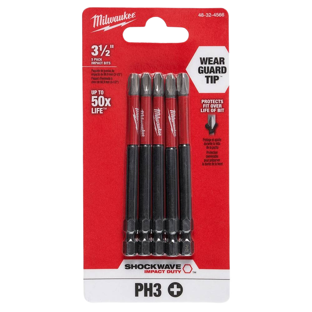 Pack of five Milwaukee #3 Phillips impact driver bits with Wear Guard Tip technology for durable power tool accessories