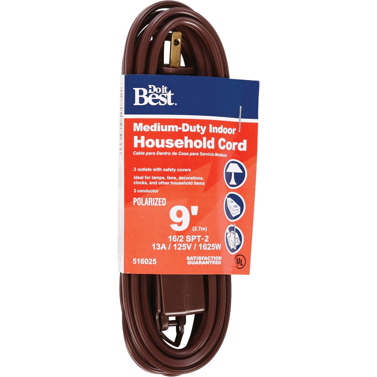 Brown medium-duty flat plug extension cord 9 ft for household and electrical appliance use under 50 dollars collection