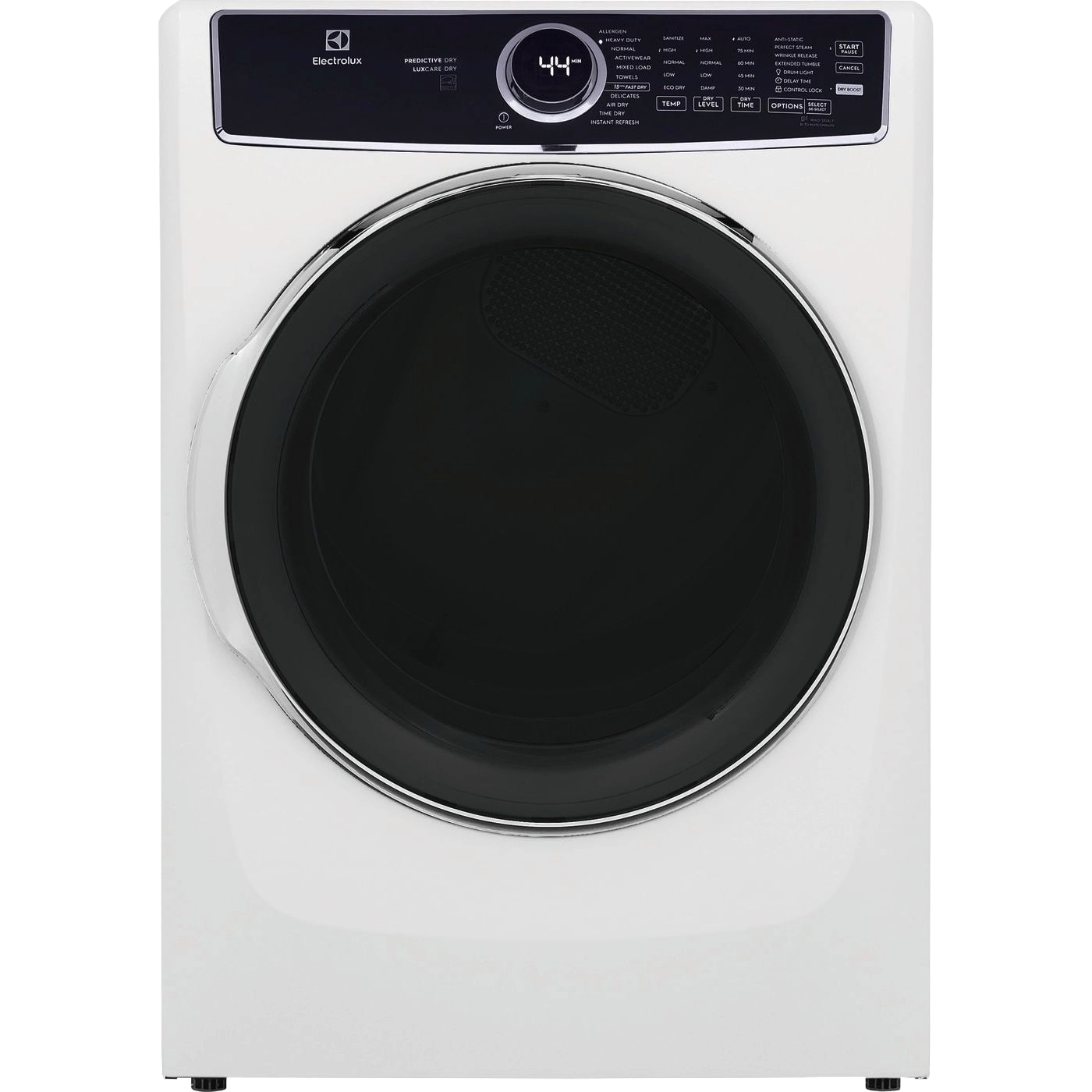 White front-load gas dryer with digital control panel and large circular door in Dryers and Appliances collections