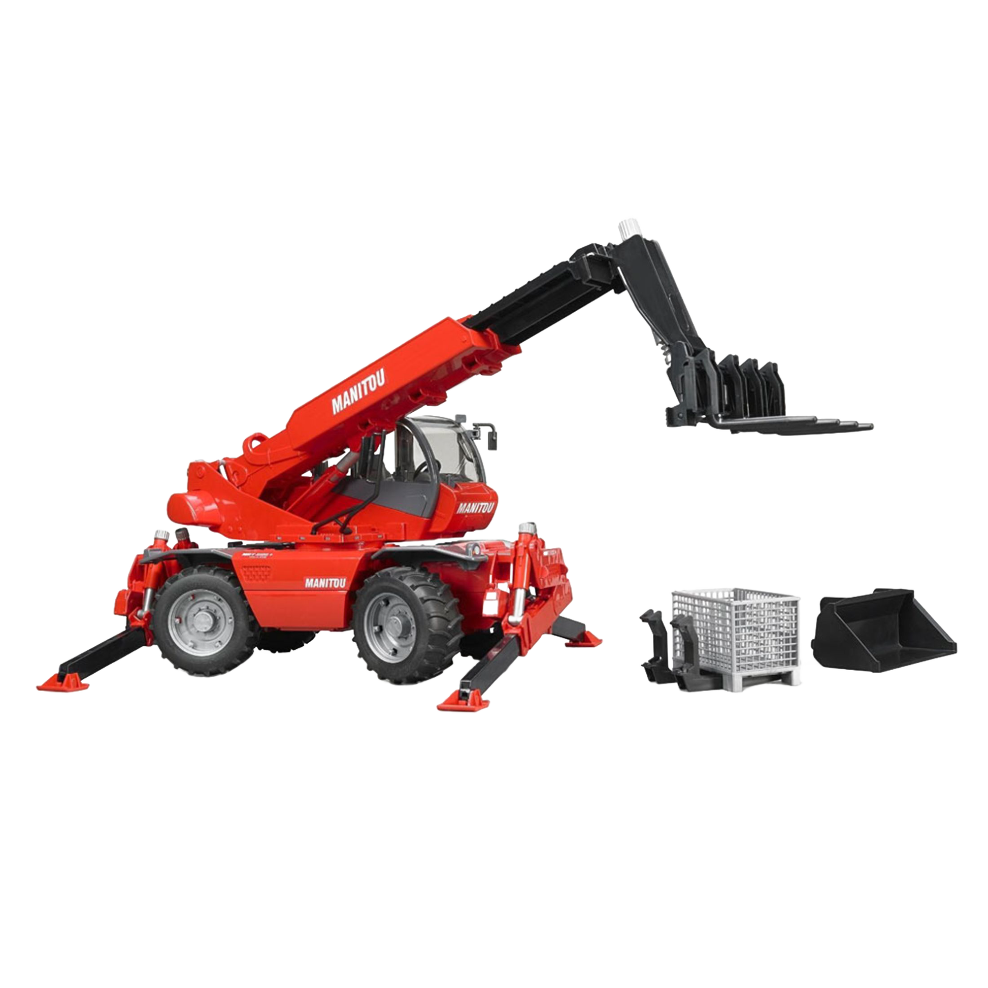 Red and black telescopic loader toy with pallet and bucket accessories in Vehicles & Remote Controlled Toys collection