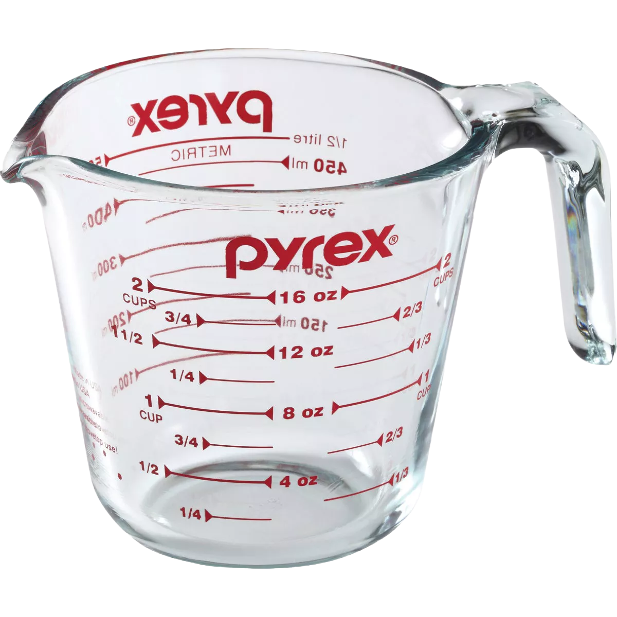 Clear glass measuring cup with red ounce and metric markings and a comfortable full-grip handle for kitchenware use