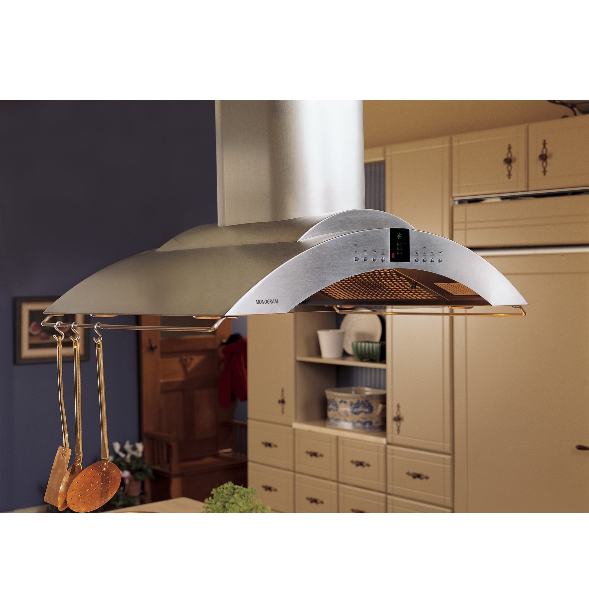 Curved stainless steel island vent hood with digital controls, hanging utensil rack, in kitchen appliances collection