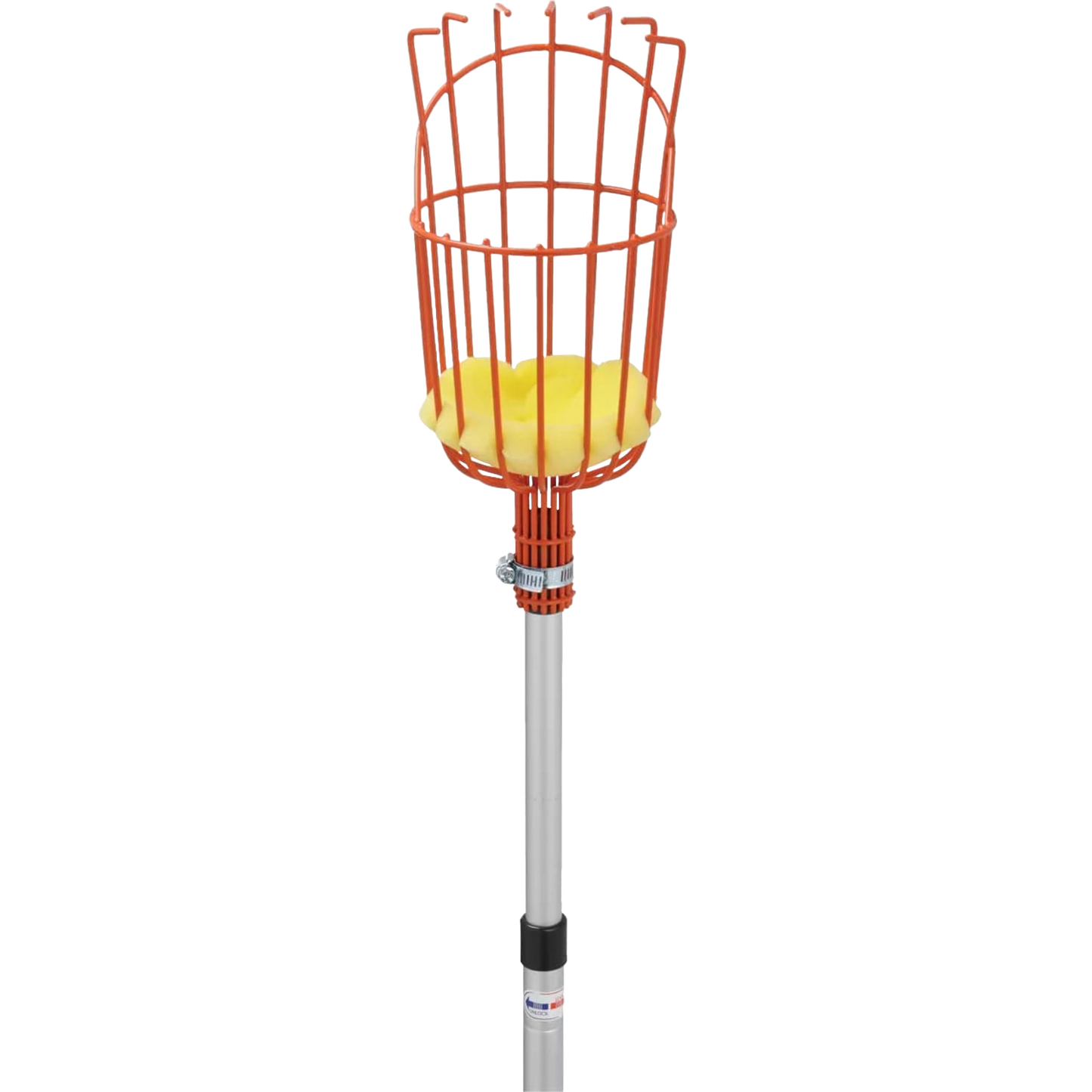 Garden fruit picker with orange metal basket and yellow base attached to extendable silver pole in outdoor hand tools collection