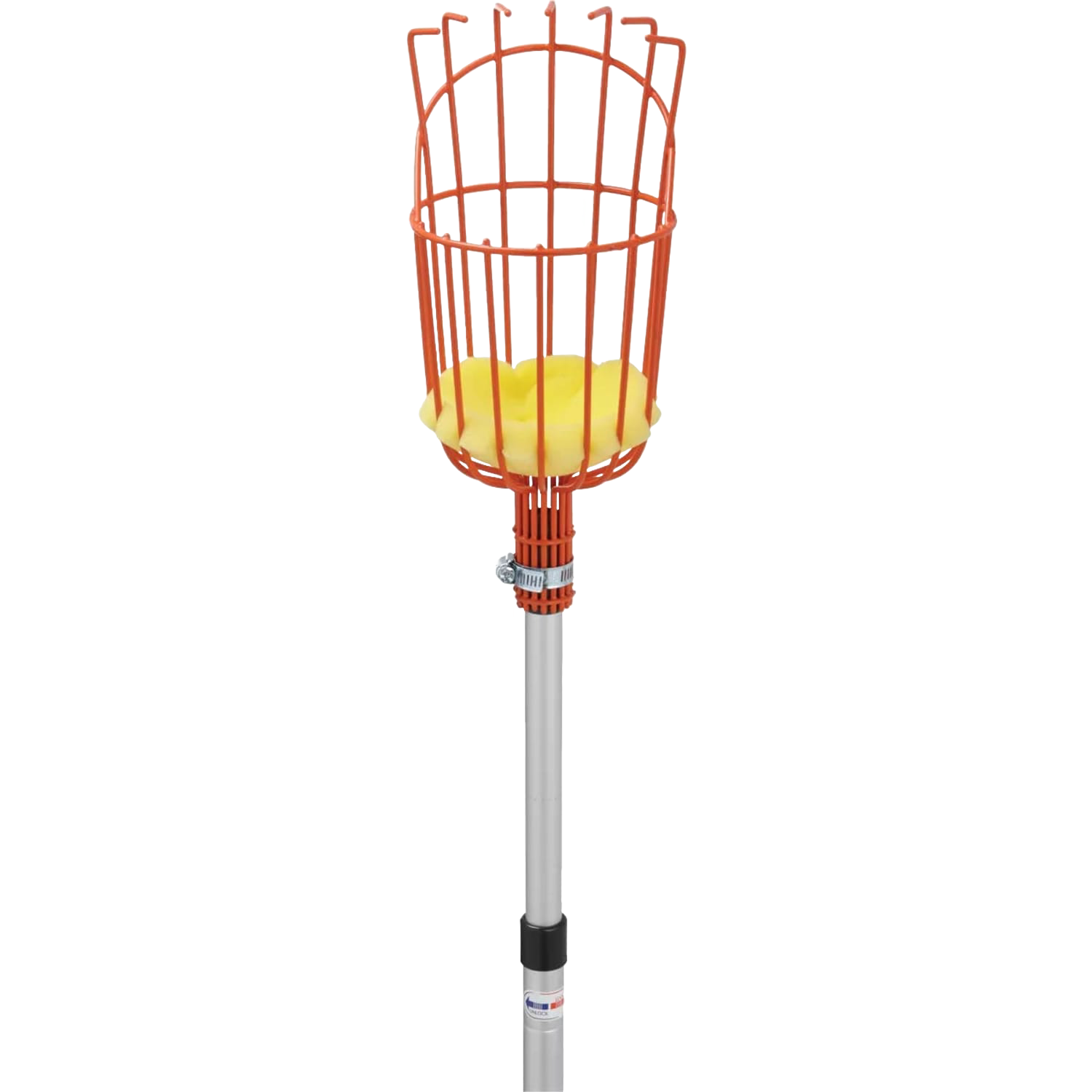 Garden fruit picker with orange metal basket and yellow base attached to extendable silver pole in outdoor hand tools collection