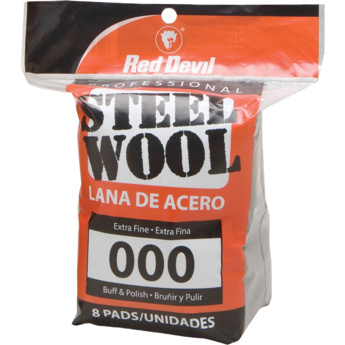 Pack of 8 extra fine steel wool pads in red and black packaging for polishing and buffing in home improvement projects