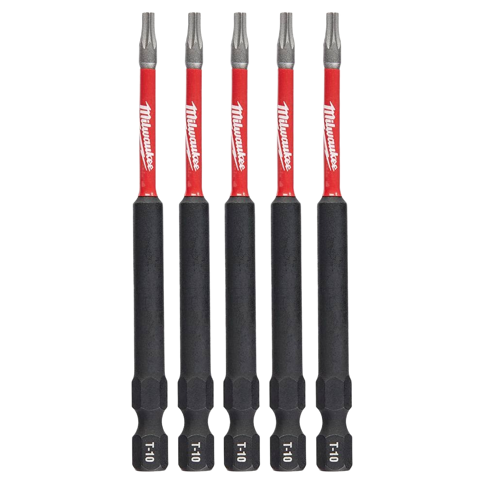 Set of five Milwaukee red and black T10 TORX impact duty bits for power tool accessories and home improvement tasks