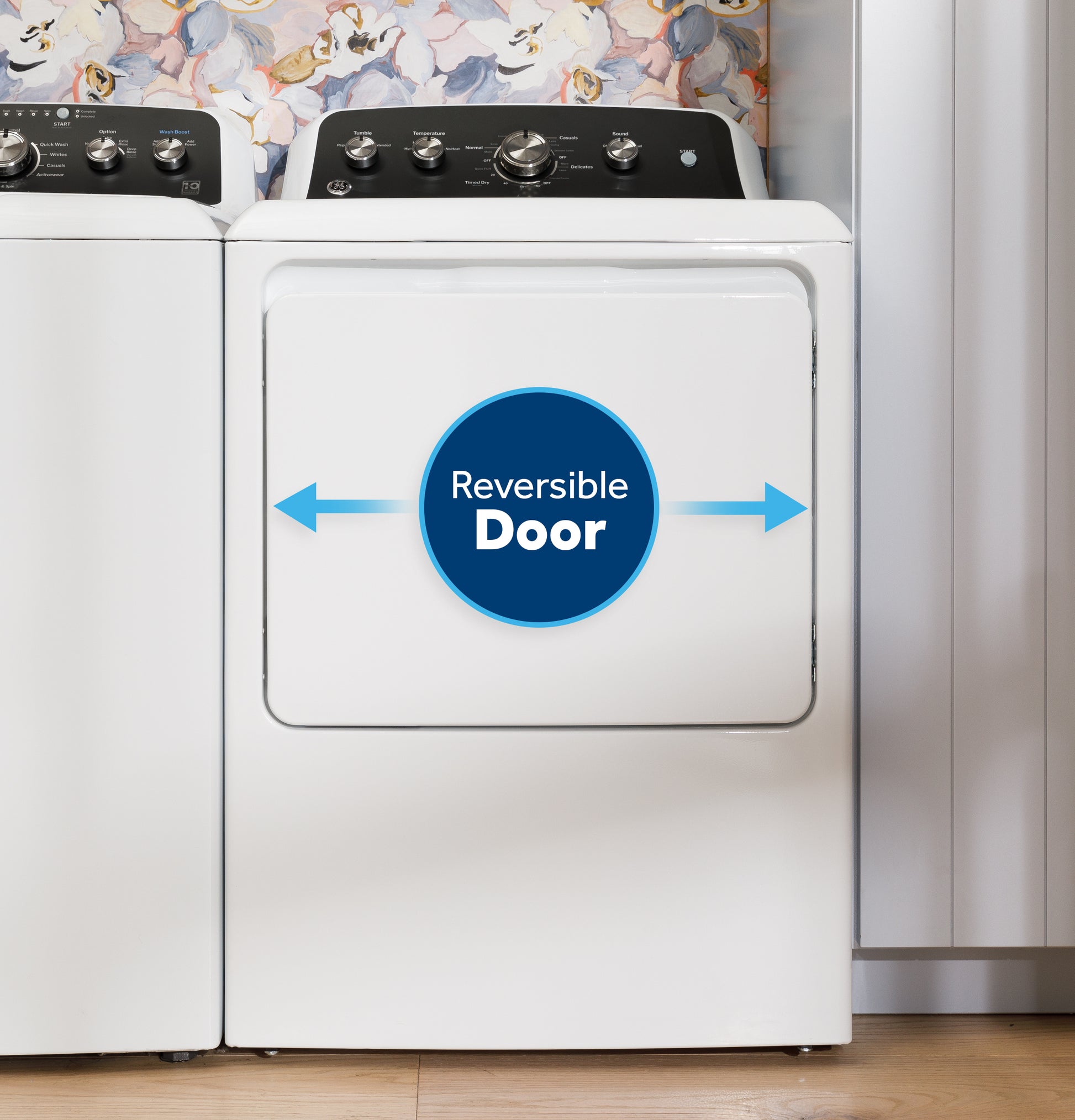 White electric dryer with control knobs and reversible door feature in bright laundry area for home appliances collection