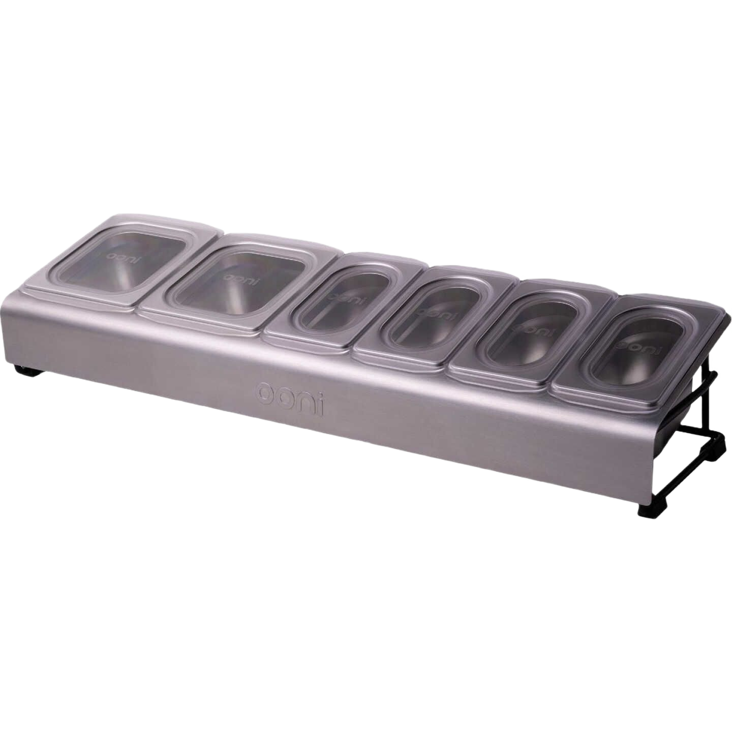 Stainless steel pizza topping station with six clear lidded containers for organized grilling and outdoor living use