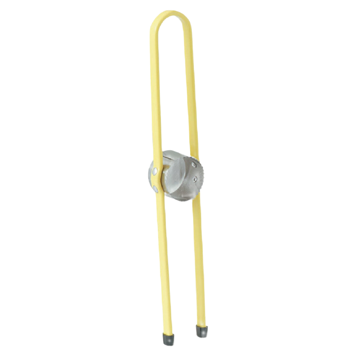Metal and yellow plastic hand tool designed to slice corn kernels from cobs for kitchen use