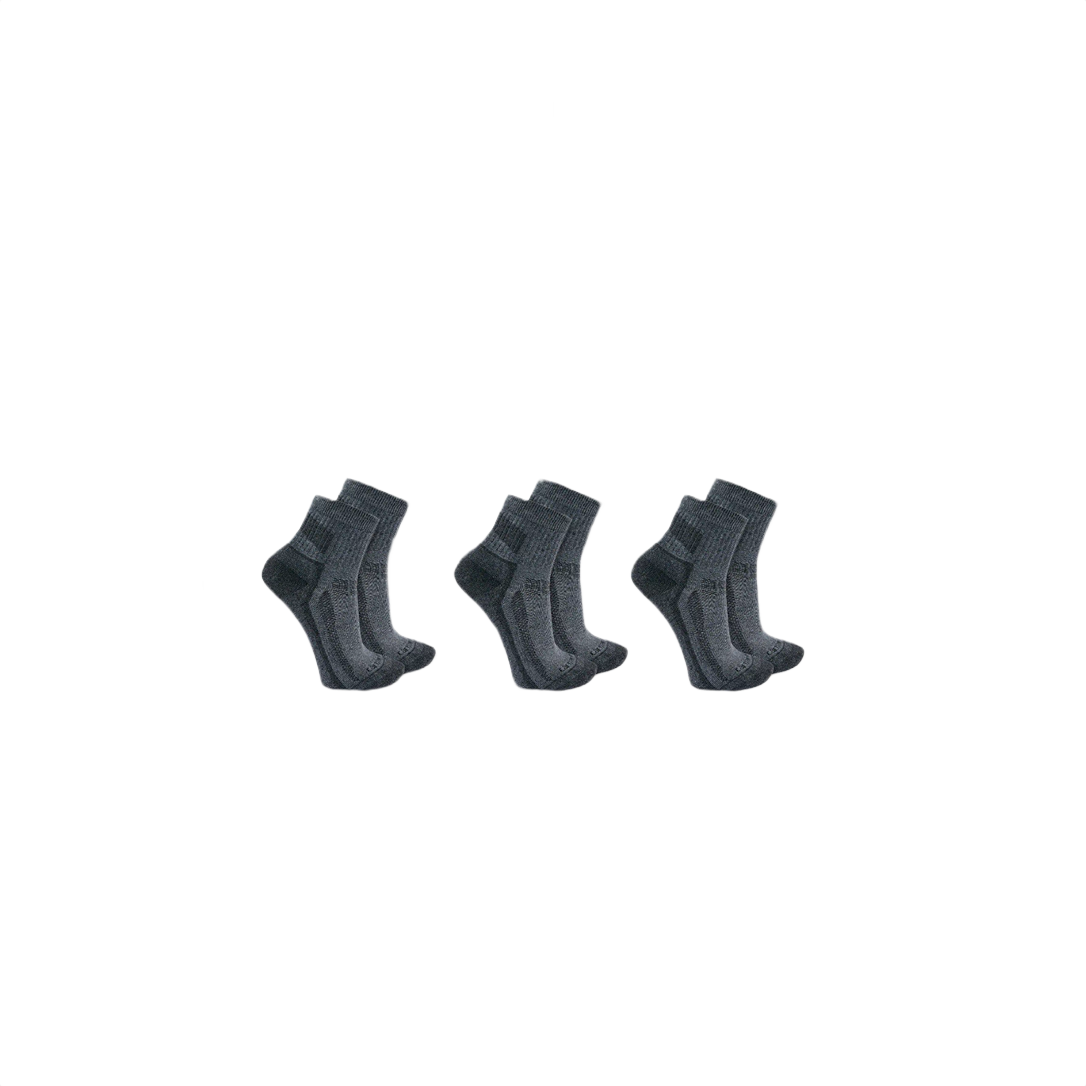 Three pairs of charcoal midweight quarter socks designed with breathable polyester and stretch for durable everyday use