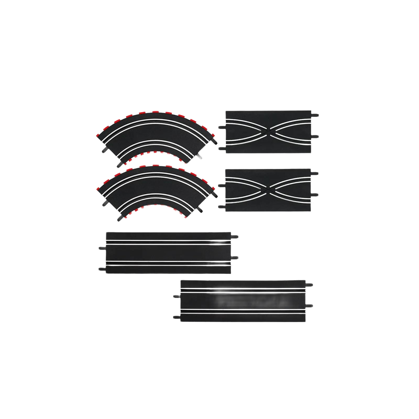 Set of black plastic slot car track pieces including curves and lane changers for Vehicles & Remote Controlled Toys and Carrera Toys collections