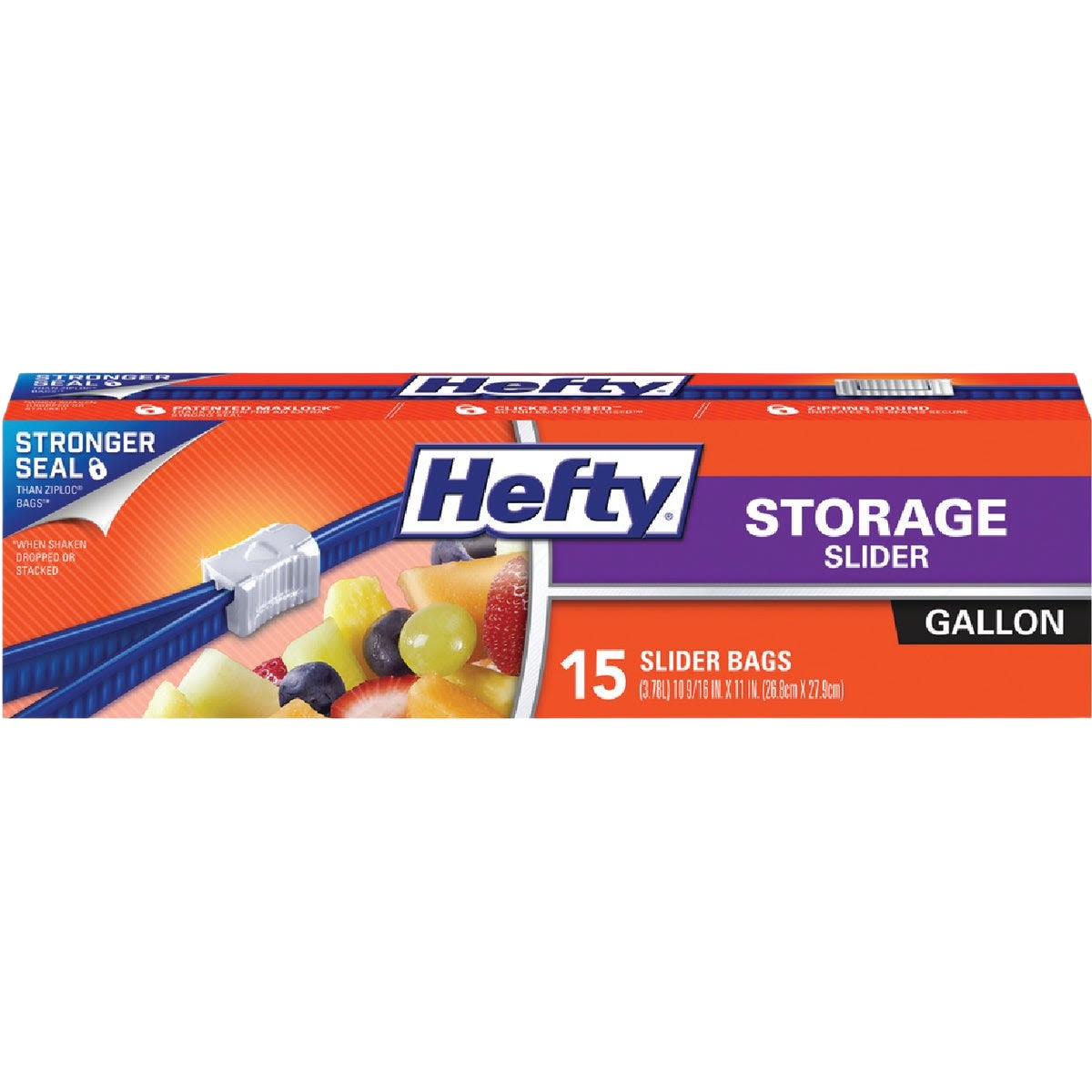 Orange and purple box of Hefty Slider storage bags with secure seal and easy-slide closure for kitchen storage organization