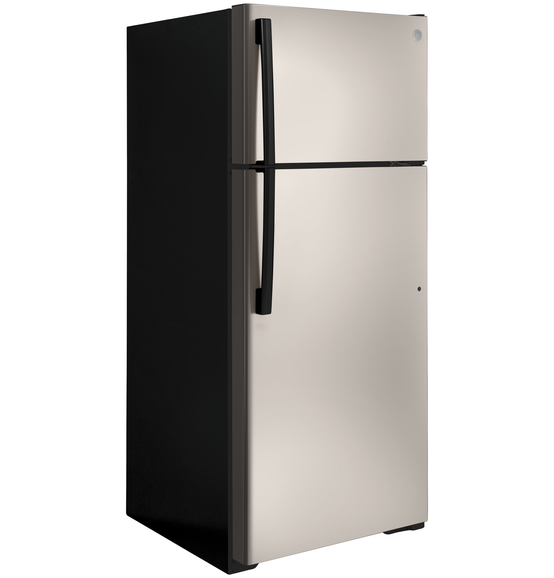 Stainless steel top-freezer refrigerator with black handles in kitchen appliances and top freezer collection