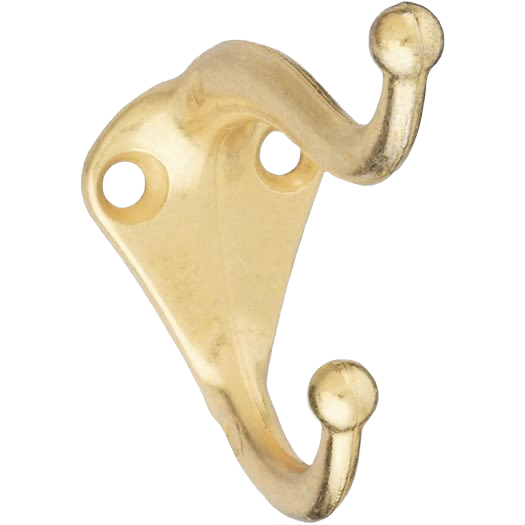 Brass double hook with die-cast zinc construction for bedroom, closet, and storage organization under $50 category