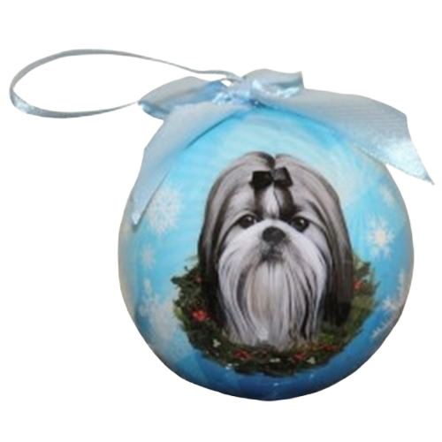 Blue Christmas ball ornament featuring a black and white Shih Tzu illustration with a silver ribbon bow