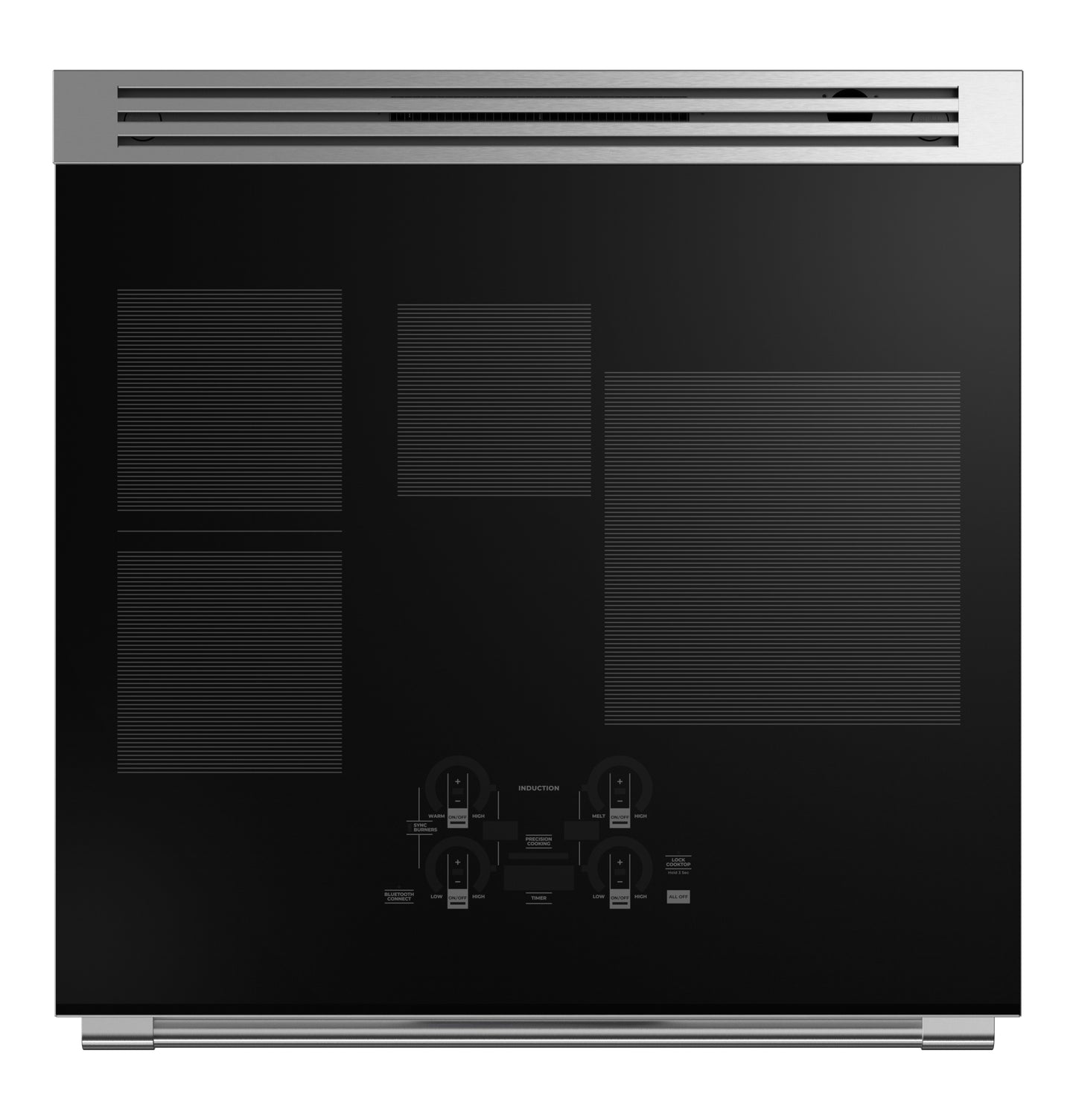 Black induction cooktop with four heating elements and digital touch controls in kitchen appliances collection