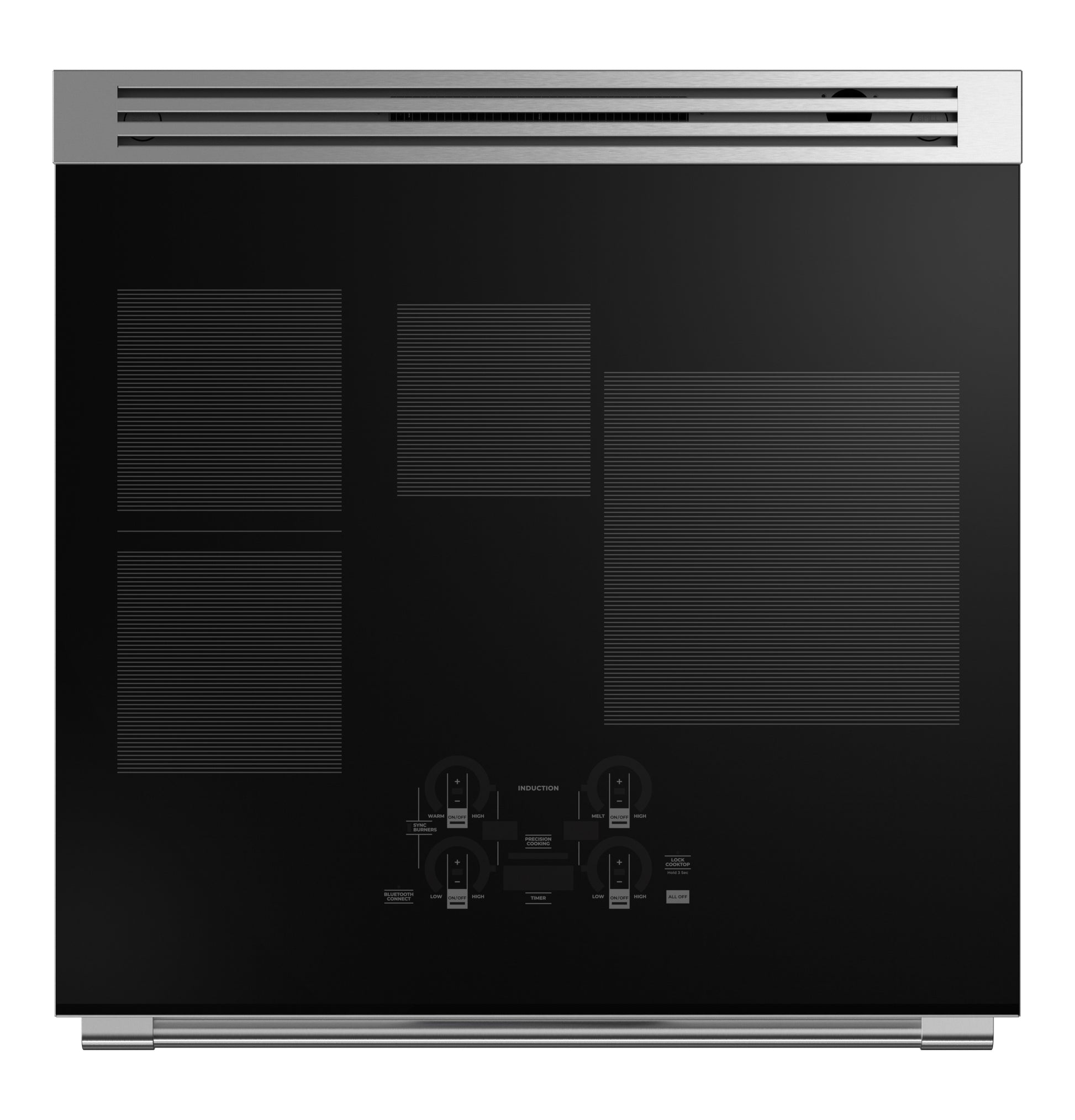 Black induction cooktop with four heating elements and digital touch controls in kitchen appliances collection