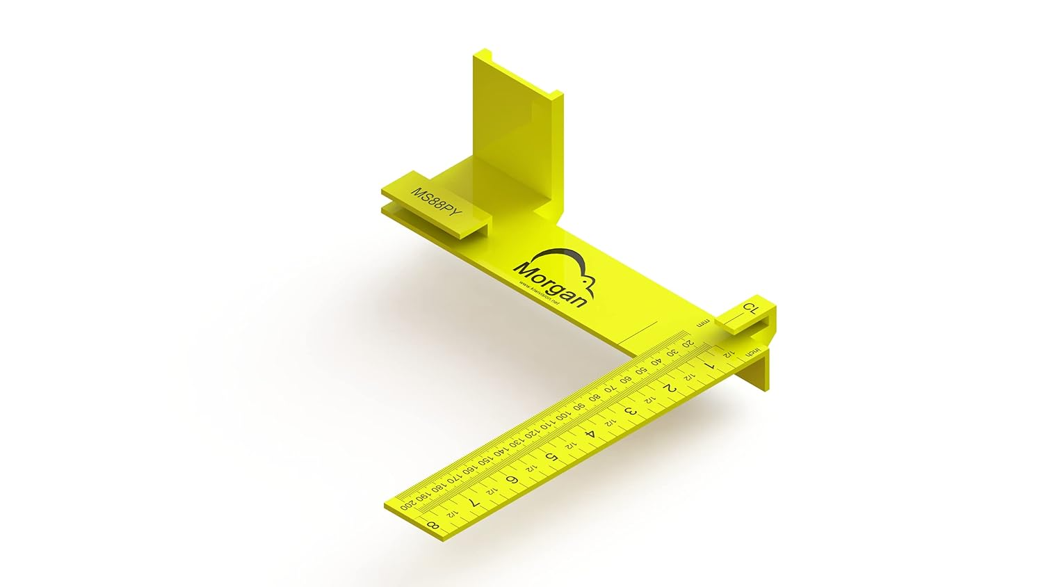 Yellow plastic Morgan square tool with printed ruler for woodworking and measuring tasks under $50 collections