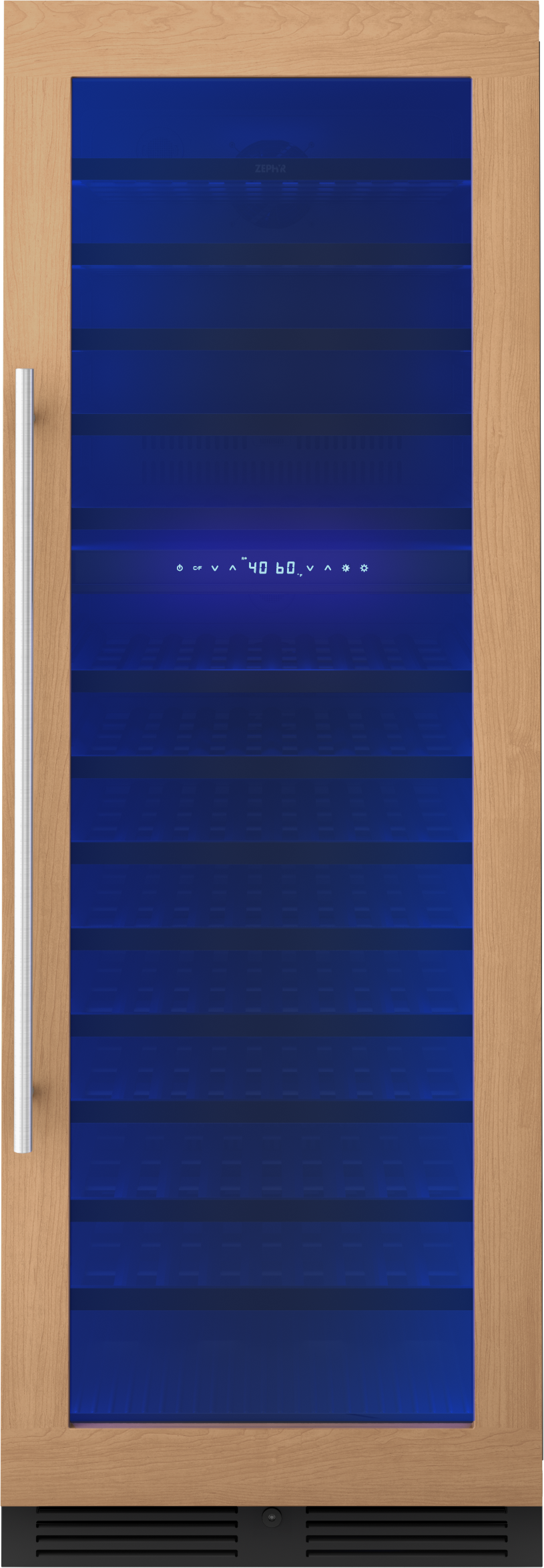 Full size dual temperature zone wine cooler with panel ready wood frame, reversible door, digital controls in kitchen appliances collection